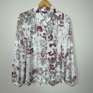 NYDJ Button Up Blouse Women's Sz S White Red Gray Floral Long Sleeve Office Top